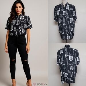 Peter Popovitch Vintage 80s Black White Abstract Novelty Print Signature Blouse